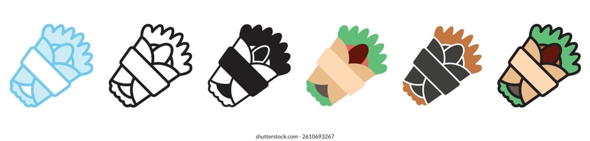 Kebab multi style, mini illustration icon set. outline, flat, glyph, line color, UI, UX, app and web, digital or print. vector EPS 10 related to street food, food festival.