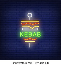 Kebab neon sign. Glowing neon sign of kebab with inscription. Food concept. Night bright advertisement. Vector illustration for night snack bar. 