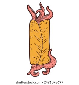 Kebab with octopus tentacles. Hand drawn vector art in sketch style. Creative illustration for print, tattoo.