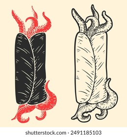 Kebab with octopus tentacles. Hand drawn vector art in sketch style. Creative illustration for print, tattoo.