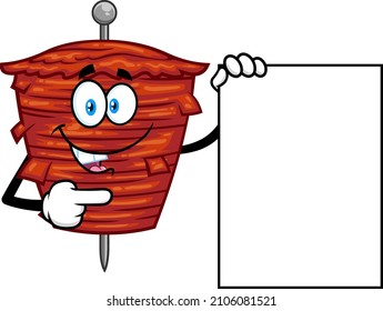 Kebab On Skewer Grilling Meat Cartoon Character Pointing To A Blank Sign. Vector Hand Drawn Illustration Isolated On Transparent Background