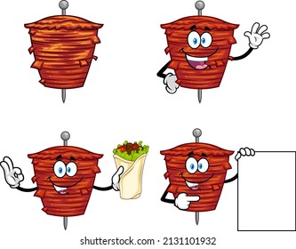 Kebab On Skewer Grilling Meat Cartoon Character Series. Vector Collection Set Isolated On White Background
