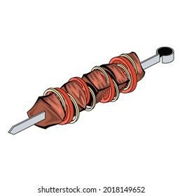 Kebab on a skewer. Vector 3d sketch line isometric, color icon illustration, flat style. Creative design idea and elements for infographics and website.