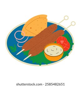 Kebab on skewers. Grill barbecue food. Hand drawn vector illustration