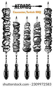 kebab on skewers vector graphics. drawn by hand. High Quality. 6 skewers, 2 of which are long. with pieces of meat. Caucasian Turkish kebabs. svg