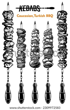 kebab on skewers vector graphics. drawn by hand. High Quality. 6 skewers, 2 of which are long. with pieces of meat. Caucasian Turkish kebabs.