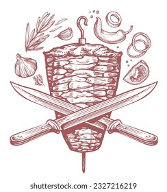 Kebab on a spit and vegetables. Shawarma or gyros. Grill food, cooking meat. Sketch vector illustration