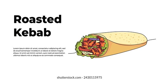 Kebab one continuous line design. Restaurant food menu design concept. Decorative elements drawn on a white background.