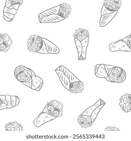 Kebab Pattern background. burrito pattern background. shawarma pattern background. Rolled Sandwich doodle illustration pattern.