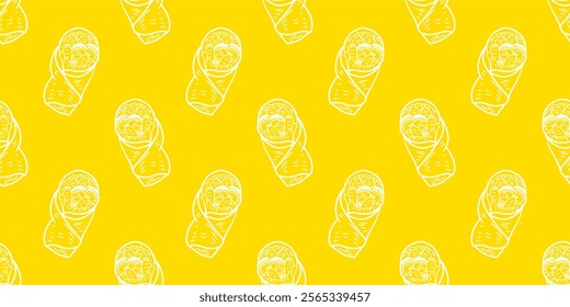 Kebab Pattern background. burrito pattern background. shawarma pattern background. Rolled Sandwich doodle illustration pattern.