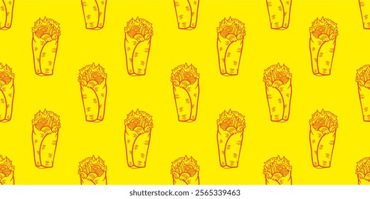 Kebab Pattern background. burrito pattern background. shawarma pattern background. Rolled Sandwich doodle illustration pattern.