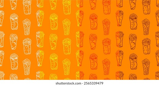 Kebab Pattern background. burrito pattern background. shawarma pattern background. Rolled Sandwich doodle illustration pattern.