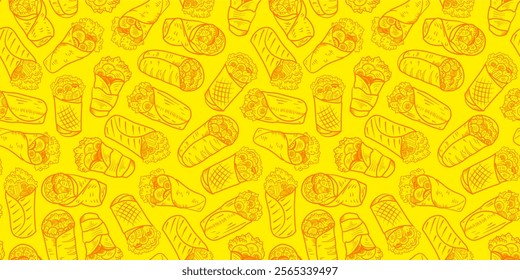 Kebab Pattern background. burrito pattern background. shawarma pattern background. Rolled Sandwich doodle illustration pattern.