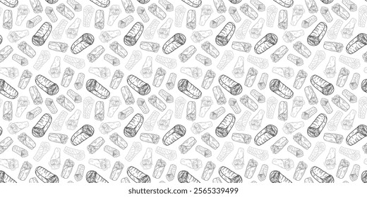 Kebab Pattern background. burrito pattern background. shawarma pattern background. Rolled Sandwich doodle illustration pattern.