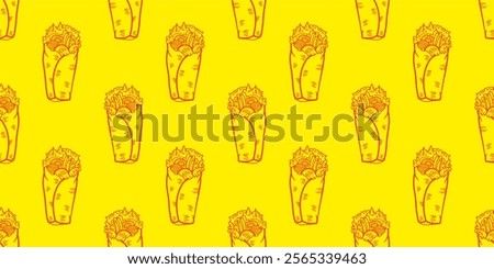 Kebab Pattern background. burrito pattern background. shawarma pattern background. Rolled Sandwich doodle illustration pattern.