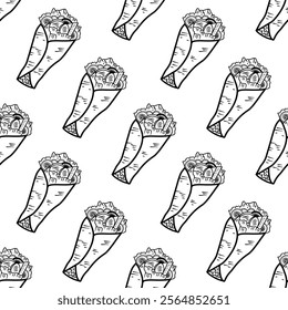 Kebab Pattern background. shawarma pattern background. burrito pattern background. Rolled Sandwich doodle illustration