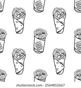 Kebab Pattern background. shawarma pattern background. burrito pattern background. Rolled Sandwich doodle illustration