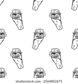 Kebab Pattern background. shawarma pattern background. burrito pattern background. Rolled Sandwich doodle illustration
