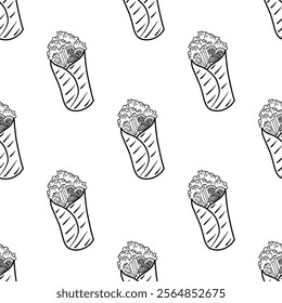 Kebab Pattern background. shawarma pattern background. burrito pattern background. Rolled Sandwich doodle illustration
