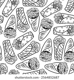 Kebab Pattern background. shawarma pattern background. burrito pattern background. Rolled Sandwich doodle illustration