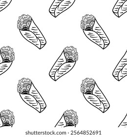 Kebab Pattern background. shawarma pattern background. burrito pattern background. Rolled Sandwich doodle illustration