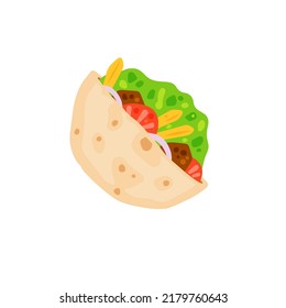Kebab in pit. Mediterranean Bread with meat and vegetables. Turkish street food. Flat cartoon illustration isolated on white