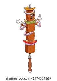 Kebab retro groovy barbeque grill character. Isolated cartoon vector playful grilled meat with vegetables. Bbq food personage with happy face. Funny barbeque kebab on skewer in vintage oldschool style