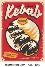 Kebab retro poster design. Beef kebab on flame tasty meal on red background. Restaurants and fast food theme. Turkish cuisine.