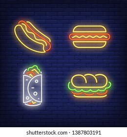 Kebab, sandwich and hotdogs neon signs set. Snack, meal, food design. Night bright neon sign, colorful billboard, light banner. Vector illustration in neon style.