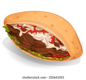 Kebab Sandwich Icon/
Illustration of an appetizing cartoon fast food kebab sandwich icon, with beef or sheep meat pieces, onions, salad, bell pepper for takeout restaurant