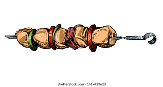 kebab, shashlik, grilled on a skewer, food meat, hand drawn vector illustration realistic sketch