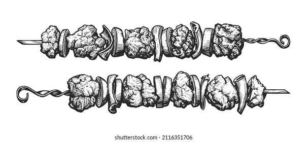 Kebab, shashlik grilled on skewer sketch. Food meat hand drawn vector illustration