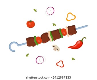 Kebab, shashlik, grilled on skewer, food meat. Shish kebab with slice onions, pepper, and tomato. Grilled BBQ food. Traditional juicy barbecue, kebab. Vector illustration