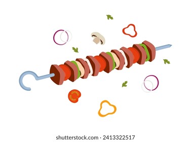 Kebab, shashlik, grilled on skewer, food meat. Shish kebab with slice onions, pepper, and tomato. Grilled BBQ food. Traditional juicy barbecue, kebab. Vector illustration