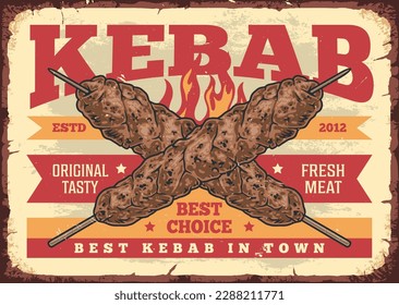 Kebab shashlik vintage poster colorful with minced meat frying at flame for street cafe grunge style vector illustration