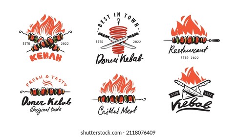 Kebab or shawarma emblem set. Turkish cuisine food, skewer or rotating spit with grilled meat. Restaurant, grill bar, barbecue symbol