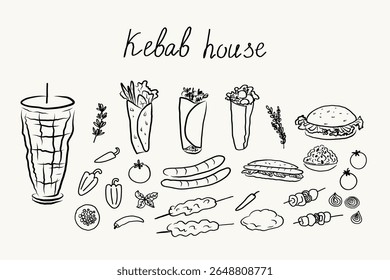 Kebab, Shawarma, preparation Barbecue sketch illustration. Arabic cuisine Design elements for fast food and BBQ menu. Middle Eastern food ingredients, meat skewer in butcher shop. Hand drawn vector