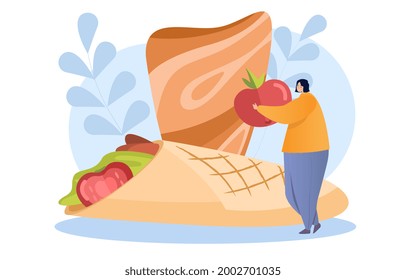 Kebab, shawarma, street food. The girl is holding a tomato for a kebab in her hand. A delicious combination of vegetables, meat and tortillas. Cartoon flat vector illustration on a white background