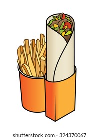 A kebab / shawarma wrap with lettuce, cheese and tomato. With a side of potato chips / french fries.