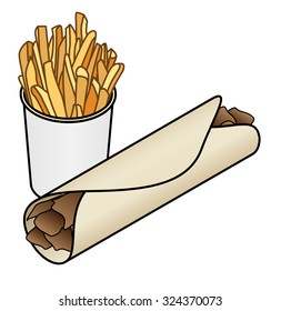 A kebab / shawarma wrap. With a side of potato chips / french fries.
