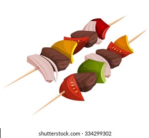 Ícones de espetos de Kebab
Ilustração de apetitoso ícone de espetos de kebab fast food, com carne, tomate, cebola, pimentão para churrasco festa e restaurante para viagem