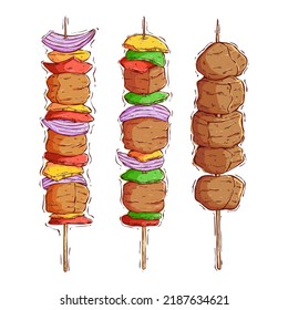 Kebab Skewers with meat, tomatoes, onions, bell peppers for bbq party or takeout restaurant