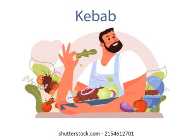 Kebab street food. Chef cooking delicious roll with meat, salad and tomato. Shawarma fast food cafe. Vector illustration in cartoon style