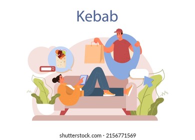 Kebab street food. Chef cooking delicious roll with meat, salad and tomato. Shawarma fast food cafe. Vector illustration in cartoon style