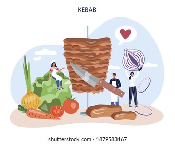 Kebab street food concept. Chef cooking delicious roll with meat, salad and tomato. Shawarma fast food cafe. Vector illustration in cartoon style