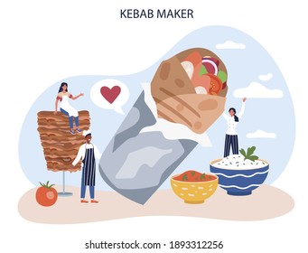 Kebab street food concept. Chef cooking delicious roll with meat, salad and tomato. Shawarma fast food cafe. Vector illustration in cartoon style