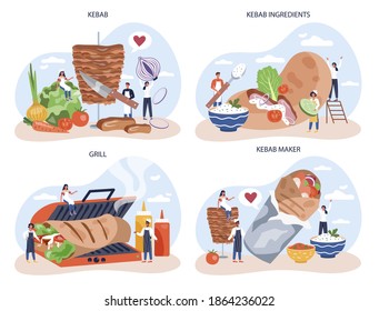 Kebab street food concept set. Chef cooking delicious roll with meat, salad and tomato. Shawarma fast food cafe. Vector illustration in cartoon style