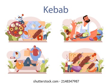 El concepto de comida callejera de Kebab. El chef prepara deliciosos rollos con carne, ensalada y tomate. Café de comida rápida Shawarma. Ilustración vectorial en estilo de caricatura