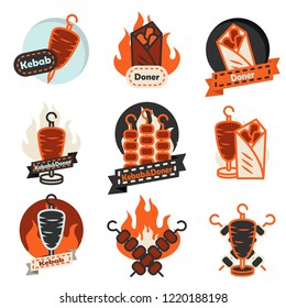 Kebab street food labels for fast food restaurants menu.