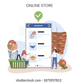 Kebab street food online service or platform. Chef cooking delicious roll with meat, salad and tomato. Shawarma fast food. Online store. Vector flat illustration